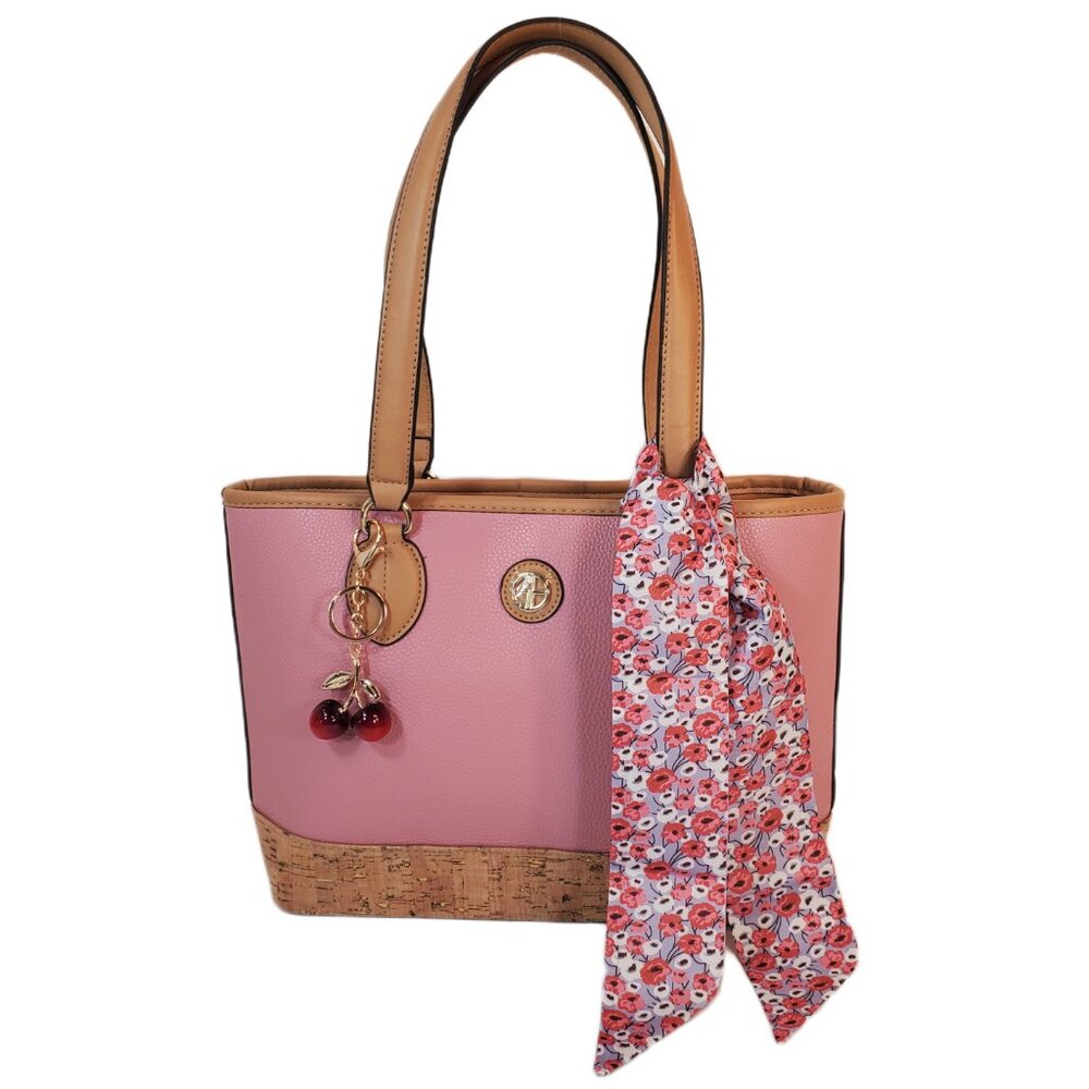 Giani Bernini Pink Cork Bottom Tote/Bag/Purse Faux Leather Beige Trim Gold Logo